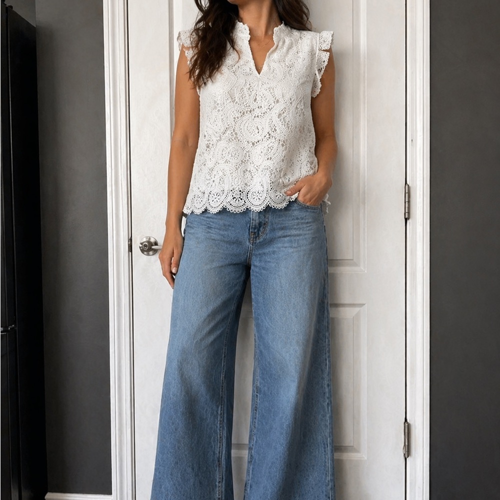 Notations White Lace Flutter Sleeve Blouse